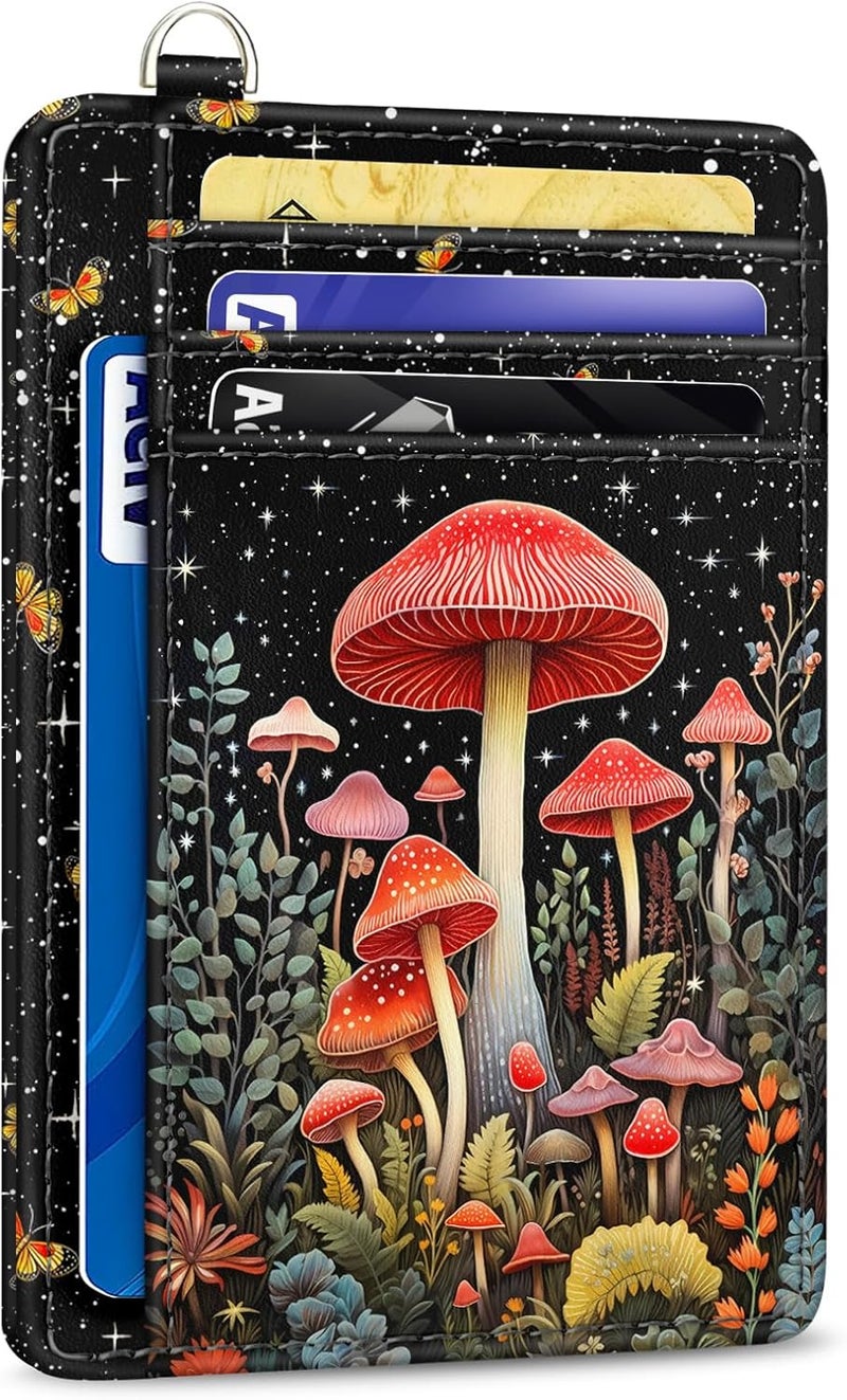 Yonlevres Mushroom Credit Card Holder Slim Wallet, RFID Wallet Women Front Pocket Small Card Holder, Travel Funny Cute Thin Card Case with ID Window PU Leather RFID Blocking Card Organizer Gifts Girls - Image 1